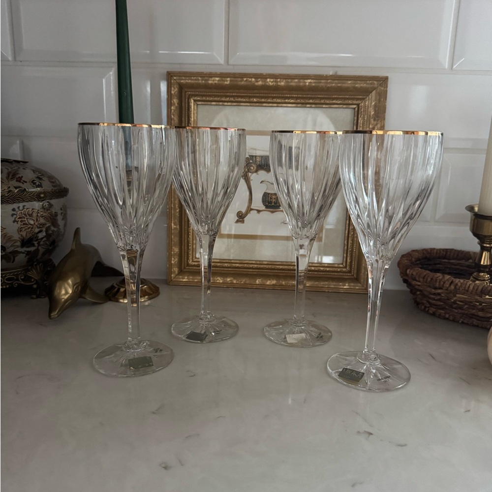 Mikasa Golden Tiara Water Goblets Crystal Clear Cut Gold Trim 8 7/8” Set of 4